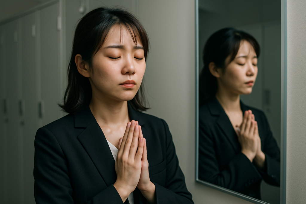 職場のロッカールームで鏡の前に立ち、目を閉じて深呼吸をする日本人女性。黒の事務服姿で、静かな空間の中に“気づき”と内省の表情がにじむ一枚。
