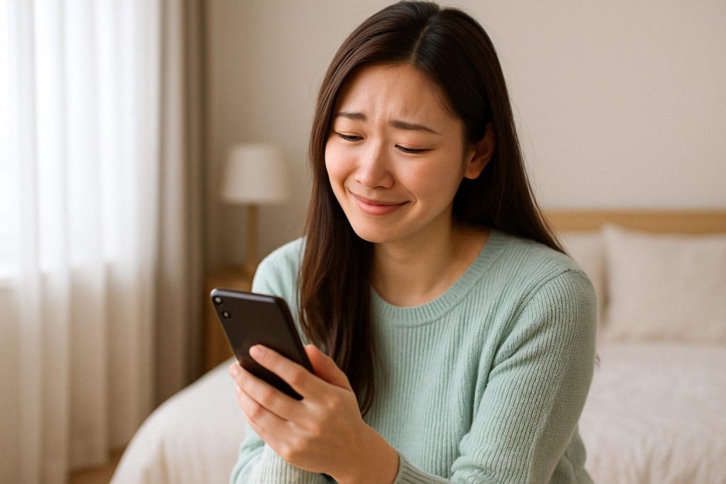 明るい部屋でスマホを見ながら微笑む女性。思いを込めた一言が彼に届き、やっと心がつながったと感じるような安堵の表情