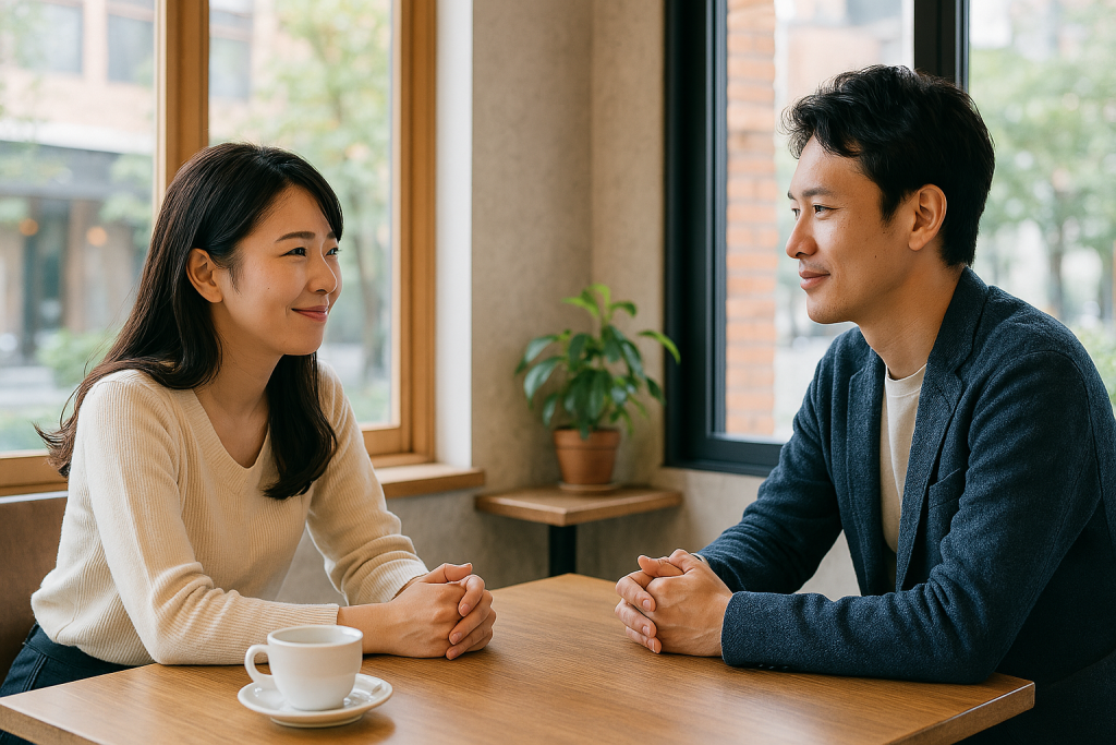 オシャレなカフェで向かい合って笑顔で話す男女。少しずつ距離が縮まり、ふたりの関係が前に進み始めた穏やかなひととき