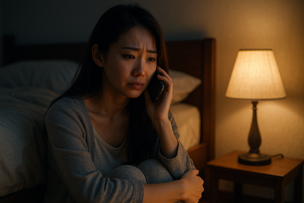 夜の自宅でベッドにもたれながら電話をし、涙をこぼす女性。もう限界だと感じ、占いにすがる思いで気持ちを吐き出している