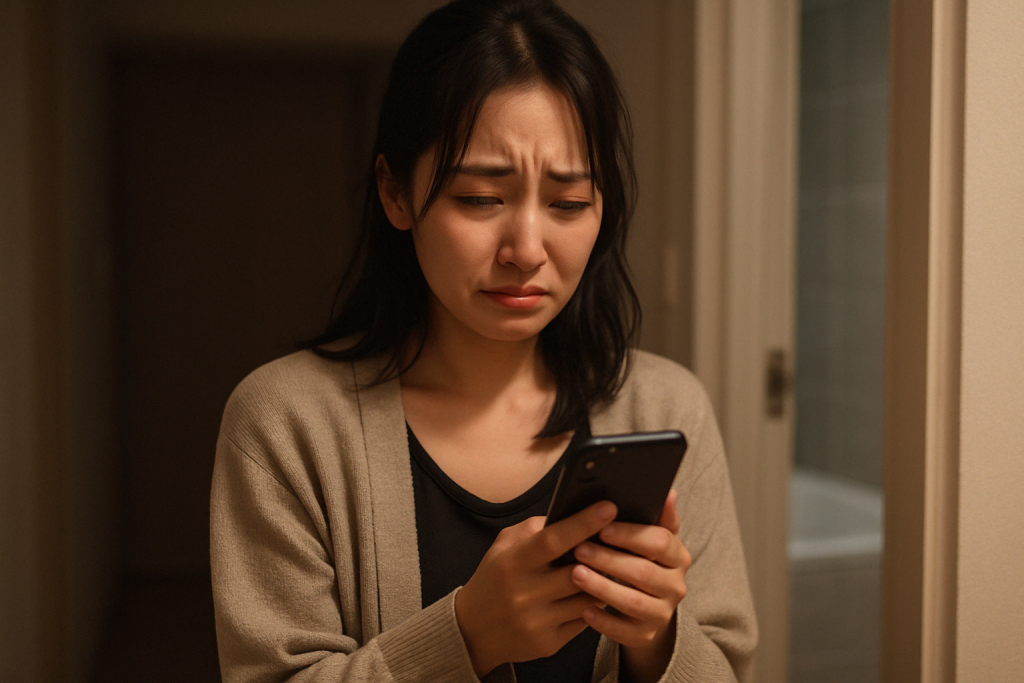 夜の自宅で女性がスマホを見ながら涙を流している。浮気の事実にショックを受けながらも、まだ彼への想いが残っていて別れを決めきれない葛藤の中にいる