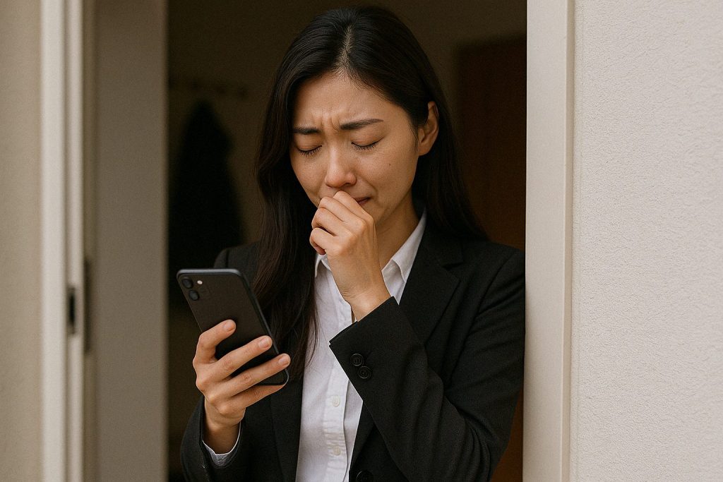 スマホを見つめながら涙をこらえるスーツ姿の女性。音信不通だった彼からの連絡が届き、こらえていた気持ちが一気にあふれた感動の瞬間