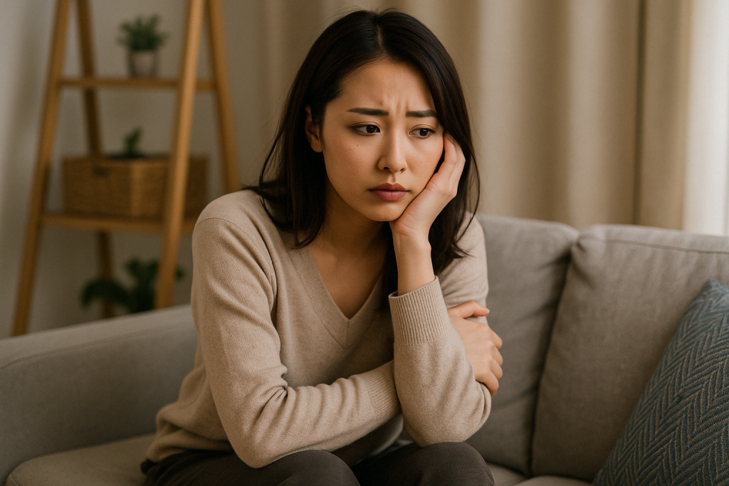 自宅のソファで頬に手を当てながら、少し真剣な表情を浮かべる女性。彼氏と別れる夢の内容を思い出しながら、チェックリストで意味を整理している