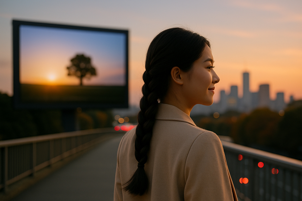 「背筋を伸ばし、朝の光が差し込む窓辺で静かに立つ若い日本人女性。背中には“意図の三つ編み”を象徴する長い髪が垂れ、内面と外界のちょうど中間地点=センタースクリーンに立っていることを示すような構図。静寂の中に未来への覚悟が漂う。