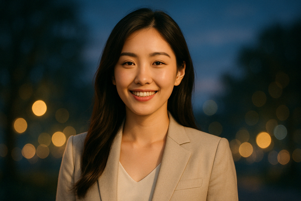 夕方の森の中で明るいスーツ姿の女性が、笑顔でこちらを見つめている。過去の痛みを乗り越えた経験から、同じように悩んでいる誰かにそっとエールを送っている