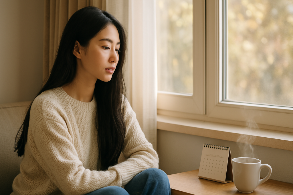 体育座りでコーヒーを見つめる女性。彼との距離を置きながら、自分の心と向き合っている