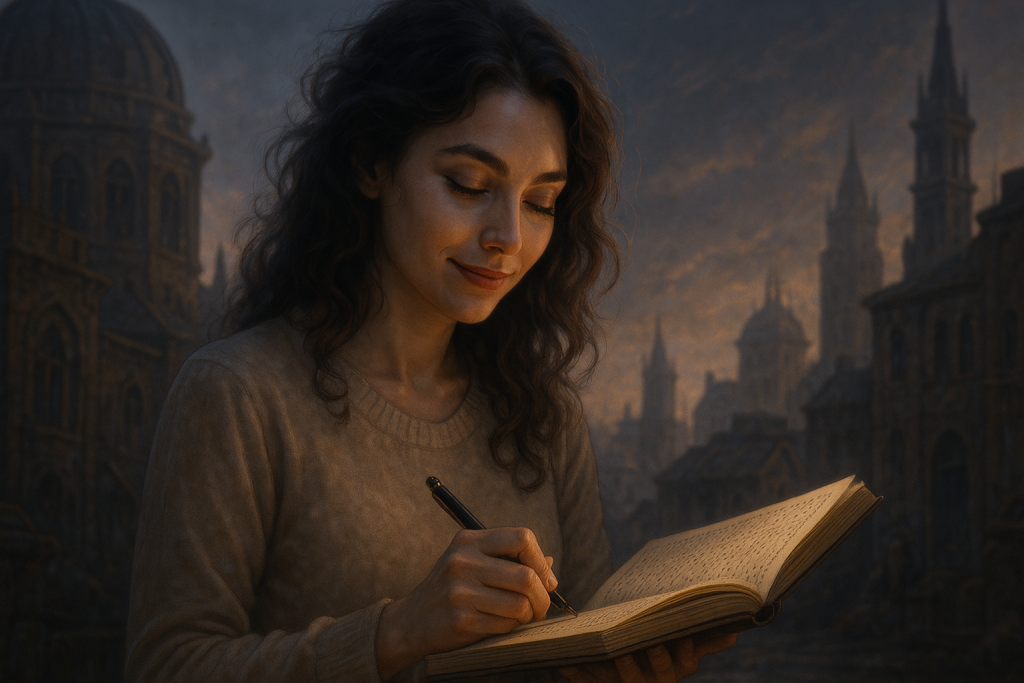 中世ヨーロッパ風の部屋で、ノートにペンを走らせる女性。復縁に向けて、自分の内面を見つめ直している
