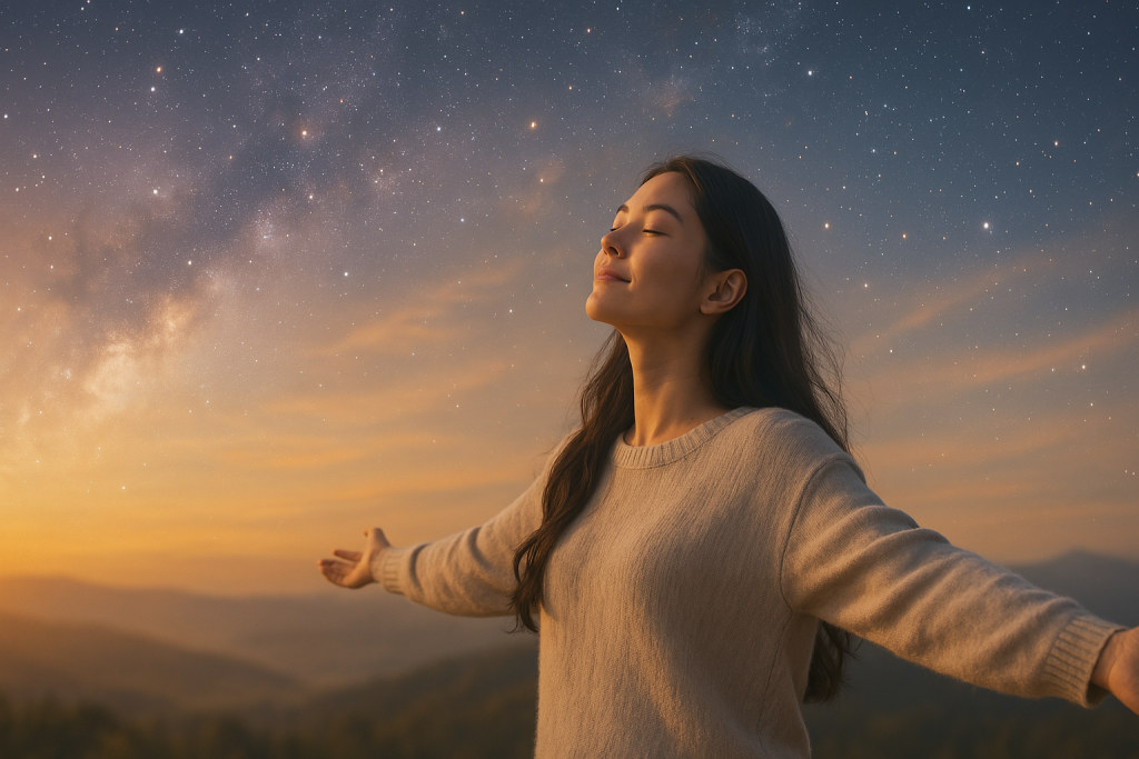 夕暮れの丘の上で両手を広げる女性。復縁を引き寄せるために、前向きな一歩を踏み出そうとしている姿