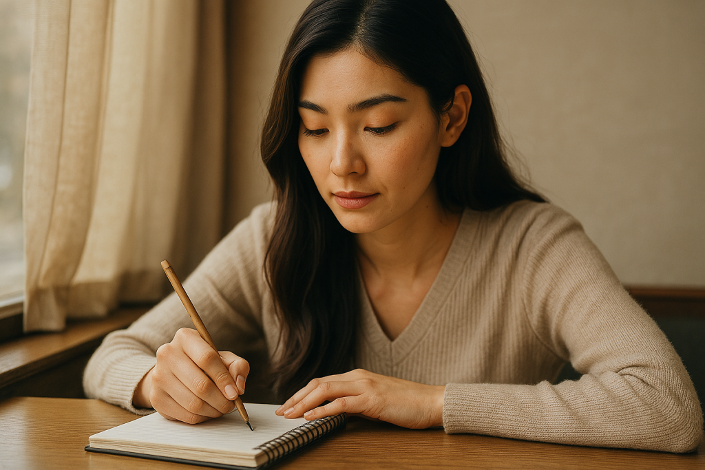自宅でノートにペンを走らせる女性。復縁に向けて、自然に会うきっかけを考えている静かな時間