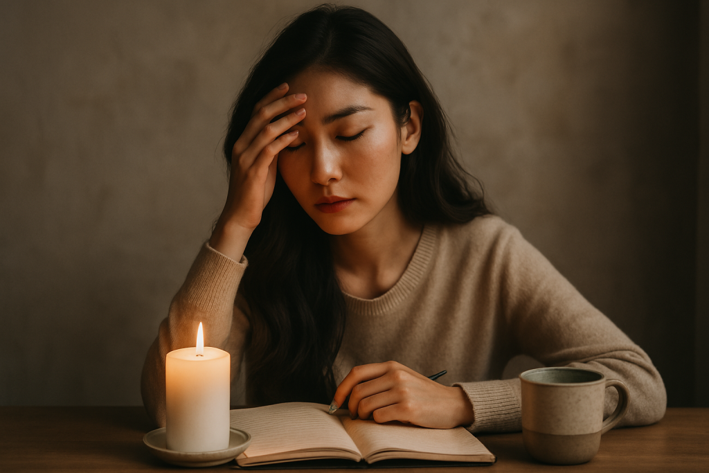 薄暗い部屋で右手で額を抱える女性。ノートやロウソクの明かりに囲まれながら、彼に伝える“感謝の言葉”を静かに考えている