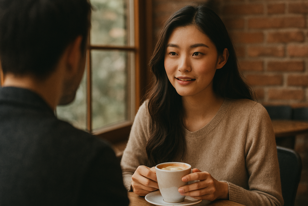 カフェで男性の肩越しに微笑む女性。両手でコーヒーカップを握りながら、未来への希望を感じている