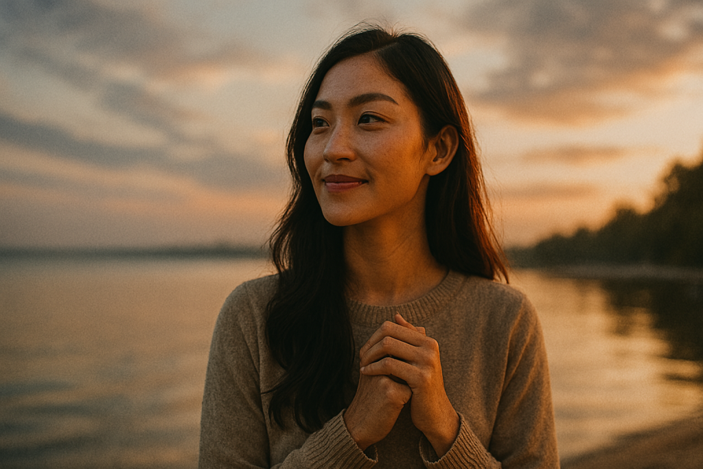 湖のほとりで胸の前に手を組み、微笑む女性。朝の光を浴びながら、大切な人ともう一度つながる未来を信じている