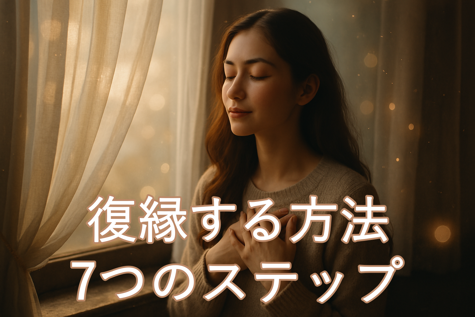 夕暮れの光が差し込む窓辺で、胸に手を当てて微笑む女性。復縁への希望を静かに信じている