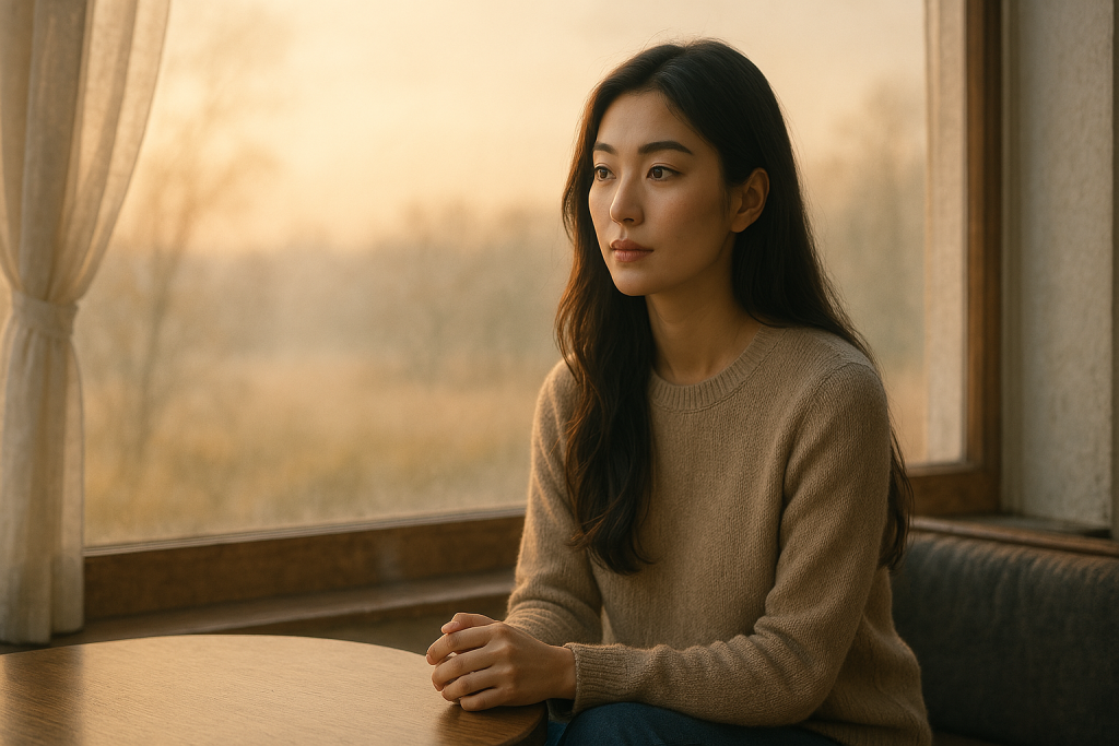 復縁すべきか悩みながら、部屋の中で手を組んで一点を見つめる20代女性