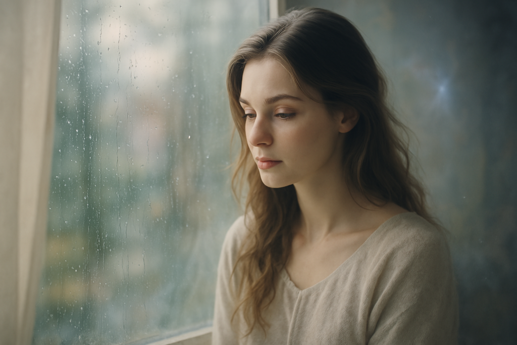 雨が降る窓のそばで真顔の女性がたたずんでいる。薄暗い部屋の中で、冷却期間の意味と必要性について静かに考えている