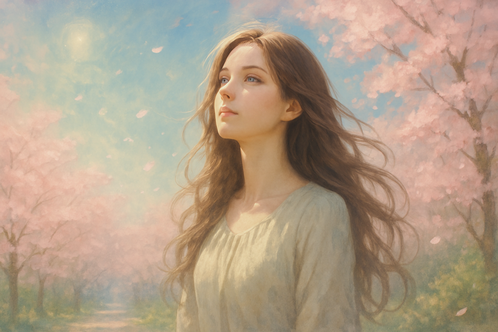 青空の下、桜の木の下で上を見上げる女性。冷却期間の終わりに、もう一度前を向く勇気を感じている