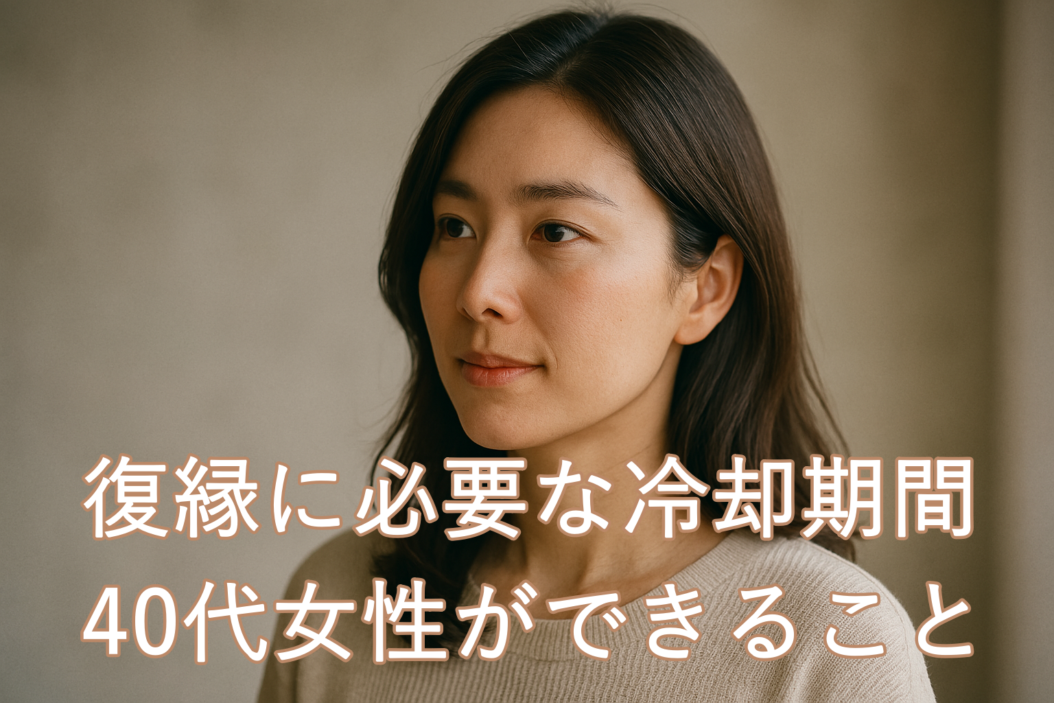 部屋の中で穏やかに微笑みながら、未来を見つめている女性。復縁に向けて静かに前を向いている