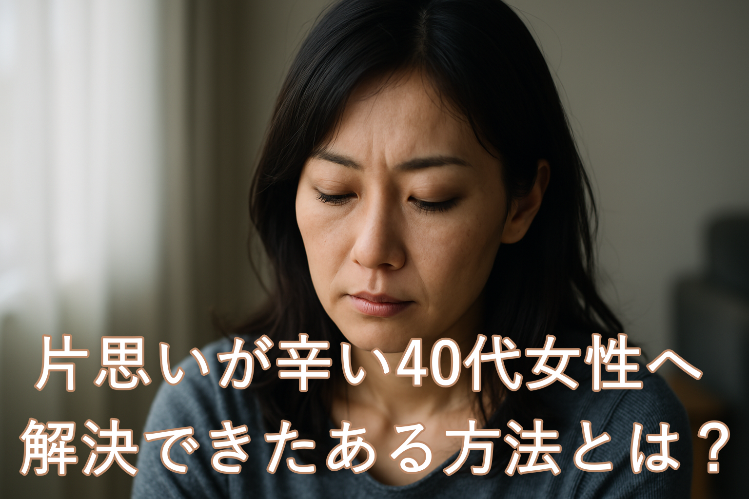 目を閉じて眉間にシワを寄せる40代の女性。片思いの苦しさを胸に抱えながら、静かに感情を受け止めている