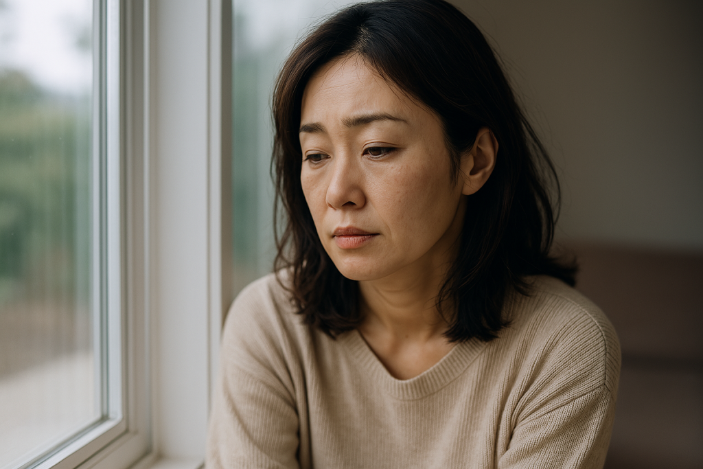 自宅の2階で、困った表情を浮かべながら窓の外を見つめる女性。年齢による思い込みにとらわれて、片思いを責めてしまっている