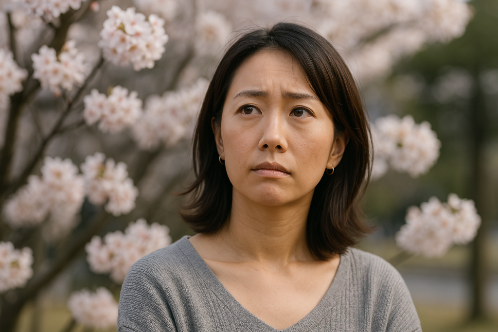 桜が咲く外の景色の中で、困った表情を浮かべながら遠くを見つめる女性。想像の中で一人きりの恋に、切なさを抱えている