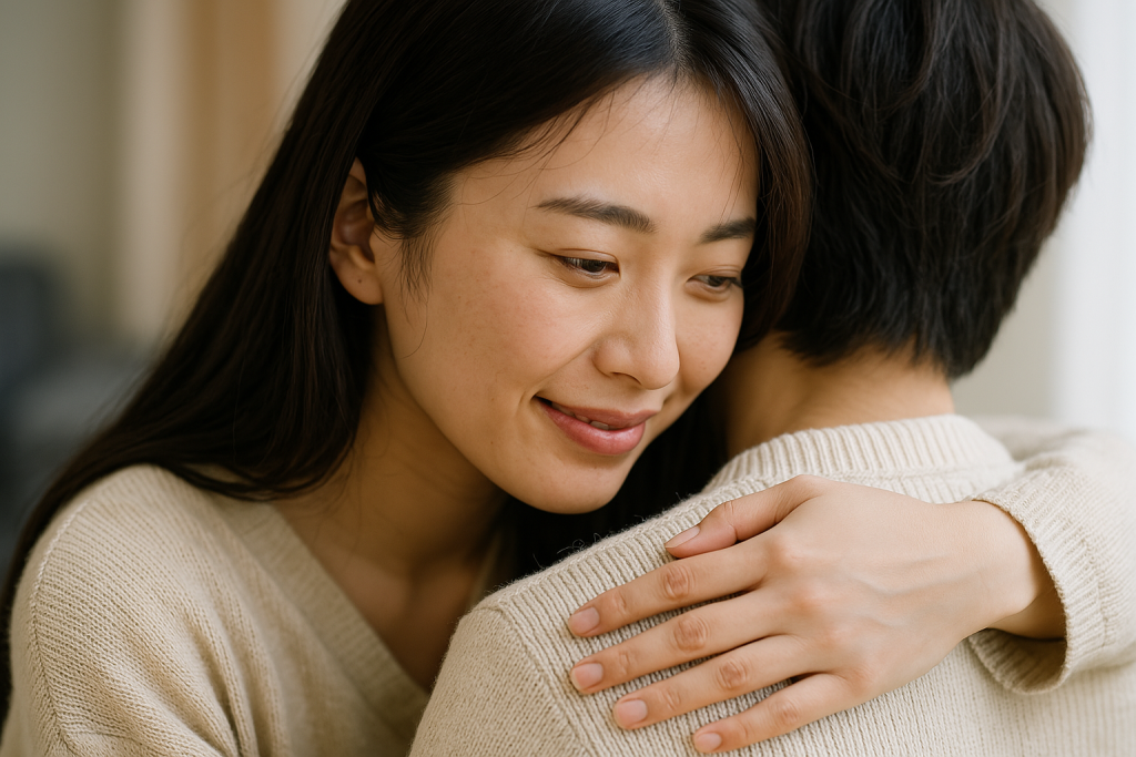 家の中で男性と抱き合い、安心した笑顔を見せる女性。苦しかった気持ちを受け止めてもらい、心がふっと軽くなった瞬間