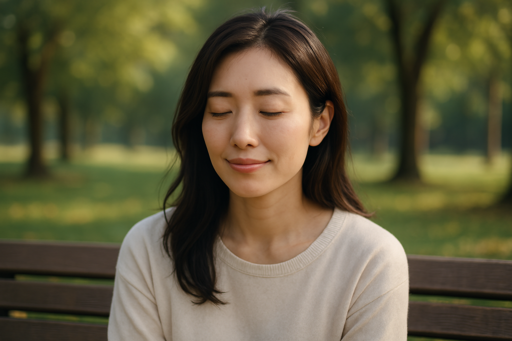 森のベンチに座り、目を閉じて穏やかに微笑む女性。占いによって未来を決めるのではなく、気持ちを整えることができた安らぎの時間