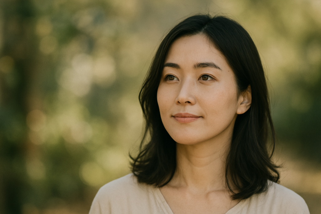 森の中で静かに微笑みながら遠くを見つめる女性。片思いの苦しさの中に、本気で誰かを想った証が残っていることに気づいている