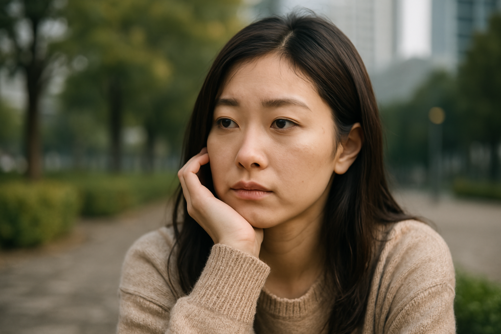 街路樹のある歩道で、顎に手を当てて困った表情を浮かべる女性。誰にも言えない片思いの苦しみを、心の中で抱え込んでいる
