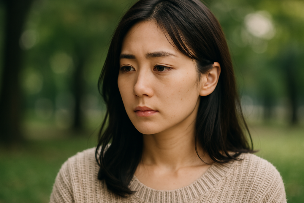 森の中で困った表情を浮かべながら遠くを見つめる女性。片思いの苦しさの本当の理由を、自分の心に問いかけている