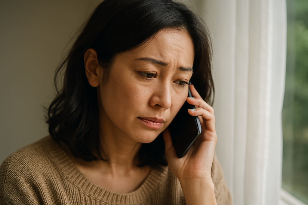 自宅の窓際で電話をしながら困った表情を浮かべる40代女性。年齢による思い込みにとらわれて、恋する気持ちを否定しそうになっている