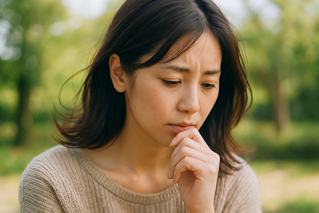 森の中で下を向きながら顎に指を当てて考え込む女性。占いを逃げではなく、行動するための“地図”として捉えようとしている
