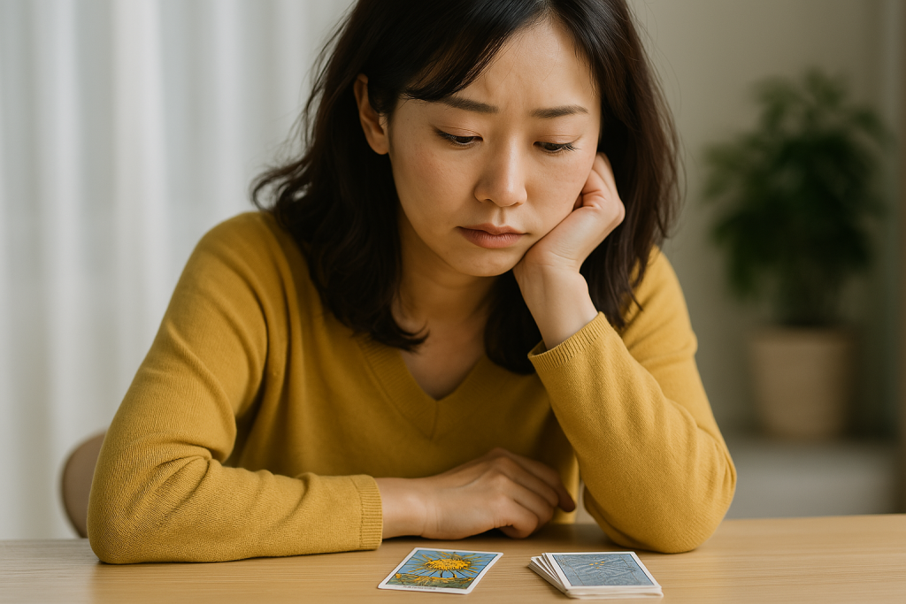 自宅のテーブルに広げたタロットカードを、肘をついて真剣に見つめる女性。占いの結果を受け止め、一歩踏み出す決意を固めている