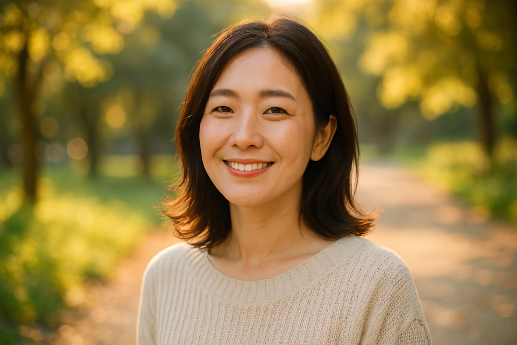 朝日（または夕暮れ）の差し込む森の中で、こちらを見つめて微笑む女性。誰かを想う気持ちを肯定できるようになった穏やかな表情