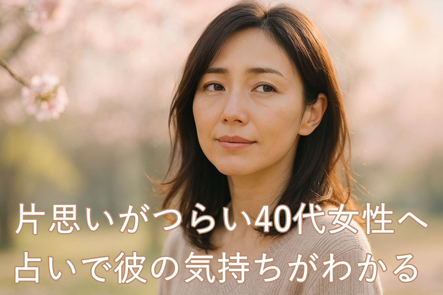 桜の下で、困ったような嬉しいような表情を浮かべながら遠くを見つめる女性。片思いのときめきと不安が入り混じる、春の日のひととき