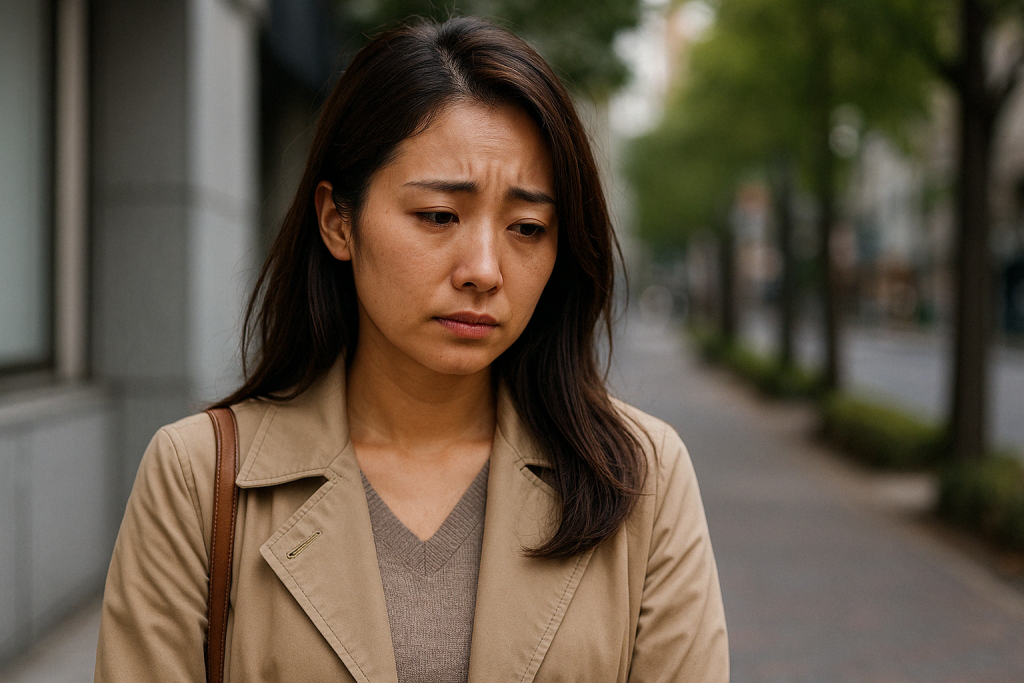 昼間の繁華街で、コート姿の女性が斜め下を見つめながら立ち尽くしている。彼からの返信に心を乱され、言葉にできない感情を抱えている