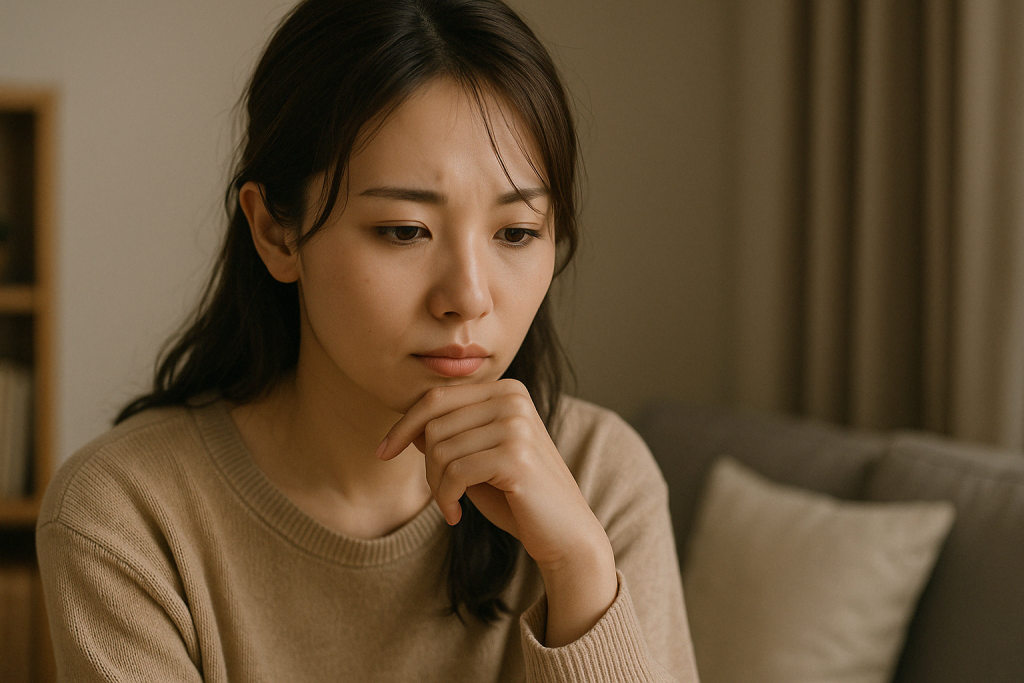自宅のソファで顎に手を当て、真剣な表情で静かに前を見つめる女性。占い師の言葉に背中を押され、自分を変える決意を固めている
