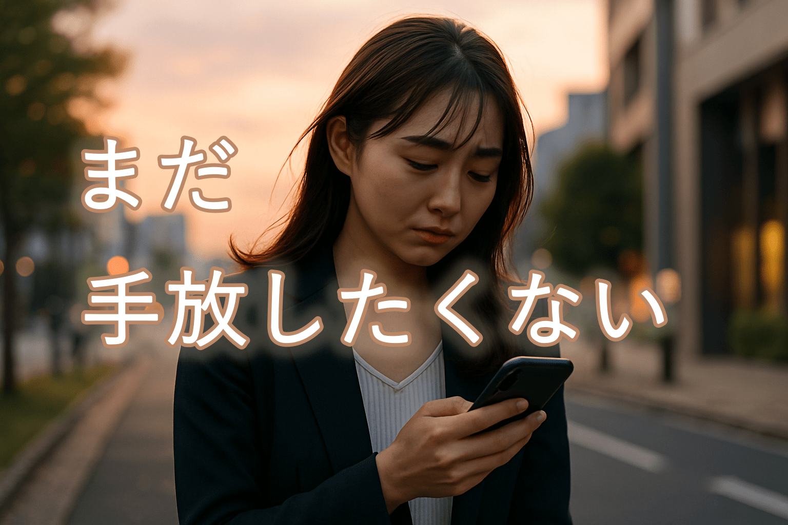 夕暮れの街角でスマホを手に立ち止まる20代日本人女性。オフィスカジュアルなスーツ姿で、迷いと切なさを抱えながらも前を向こうとしている様子