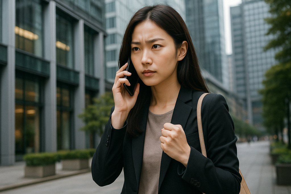 昼間のオフィス街で黒のスーツ姿の女性が電話をしながら、決意に満ちた表情を見せている。占いで思いもよらない原因を知り、気持ちを切り替えようとしている