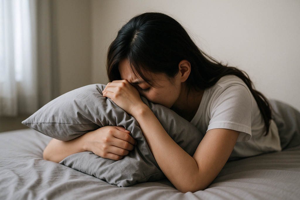 ベッドの上で枕を抱きながら涙を流す女性。彼の気持ちが見えず、一人きりで苦しさと不安に押しつぶされそうになっている夜
