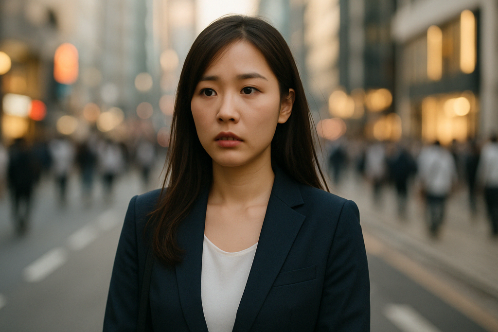 夕方のオフィス街で、人ごみの中に立ち尽くす20代の日本人女性。事務服姿でやや不安げに遠くを見つめながら、誰かを待っている。