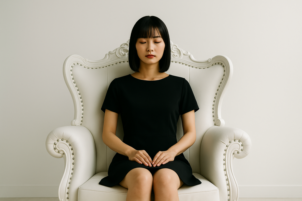 白く幻想的な空間に並ぶ映画館のような椅子に、黒のミニマルなワンピースを着た日本人女性が静かに座っている。凛とした佇まいは“意図の女神”のようで、未来を観にいく覚悟とスピリチュアルな静けさを感じさせる一枚。