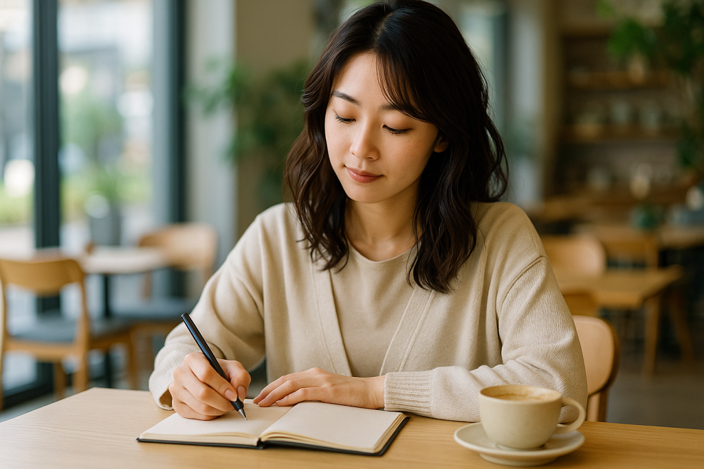 明るいカフェの中、ナチュラルなカジュアルスタイルの日本人女性が、理想の未来についてノートに書き込んでいる様子。静かな集中と温かな日差しが調和した、前向きな空気が漂う一枚。