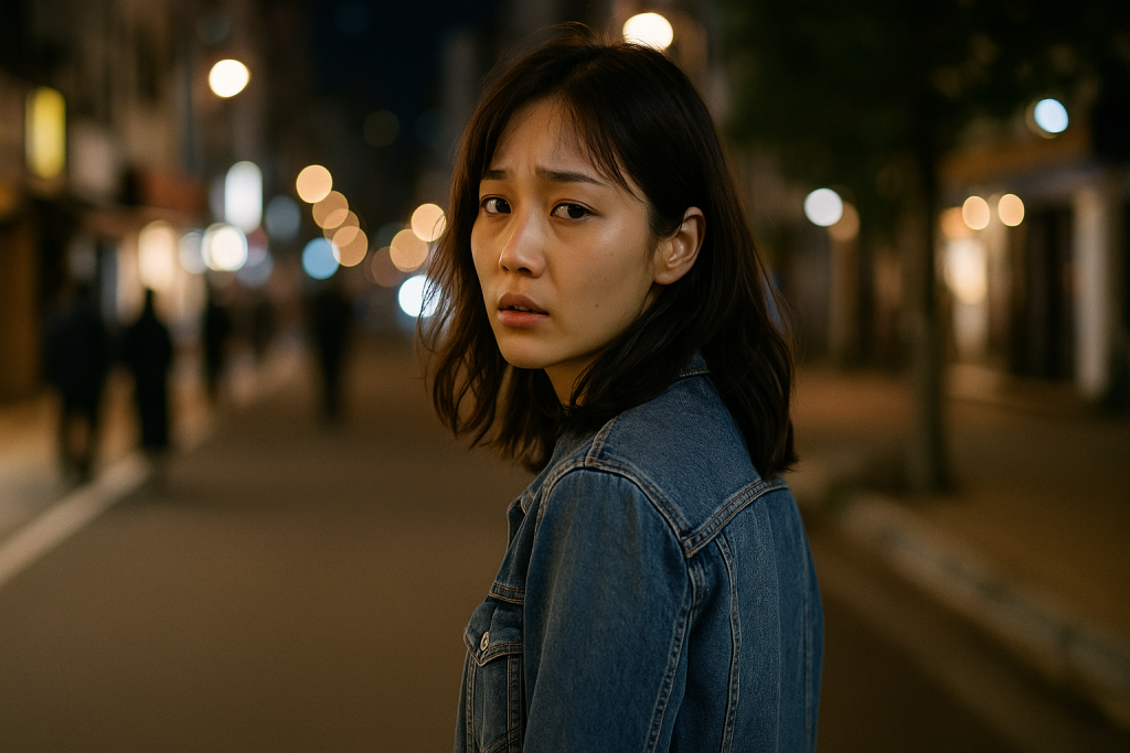 帰り道で立ち止まり、後ろを振り返る若い日本人女性。夜の街、人通りのある歩道に佇みながら、どこか諦めきれないような表情を見せている。カジュアルな私服姿で、切なさと期待が入り混じった雰囲気。