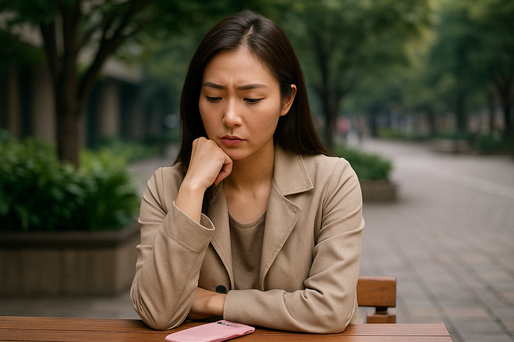 昼間の屋外でベージュのコートを着た女性がテーブルに肘をつき、真剣な表情で目線を落としている。ソウルメイト診断の結果を受け止め、どう行動するべきかを静かに考えている