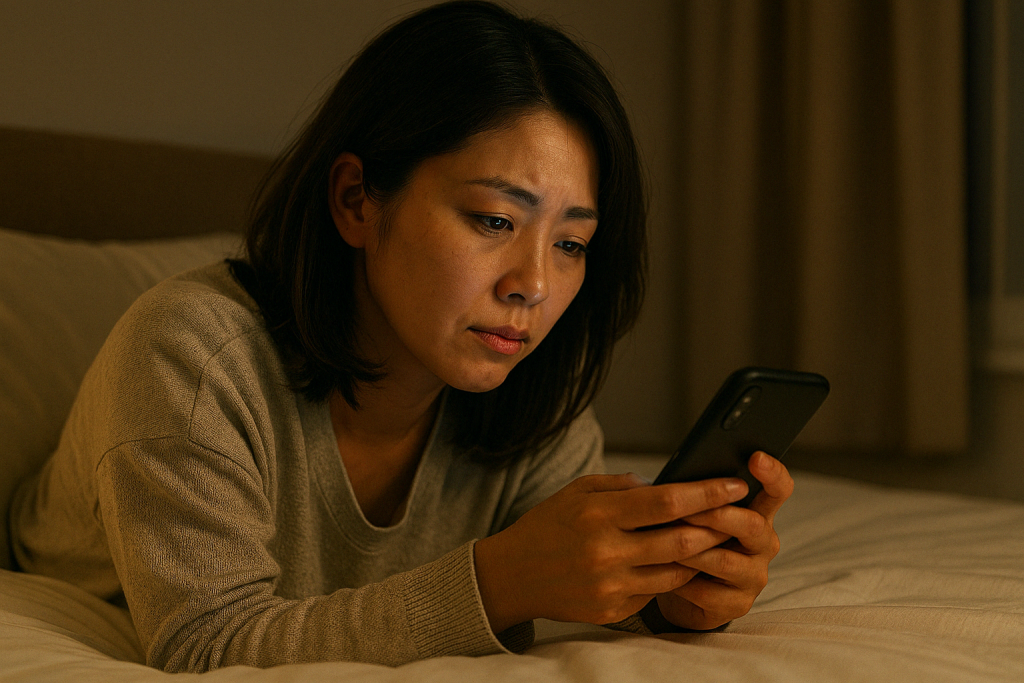 薄暗い部屋で両手にスマホを持ち、真剣な表情で見つめる女性。脈なしだとわかっていても、彼を諦めきれずに気持ちと向き合っている