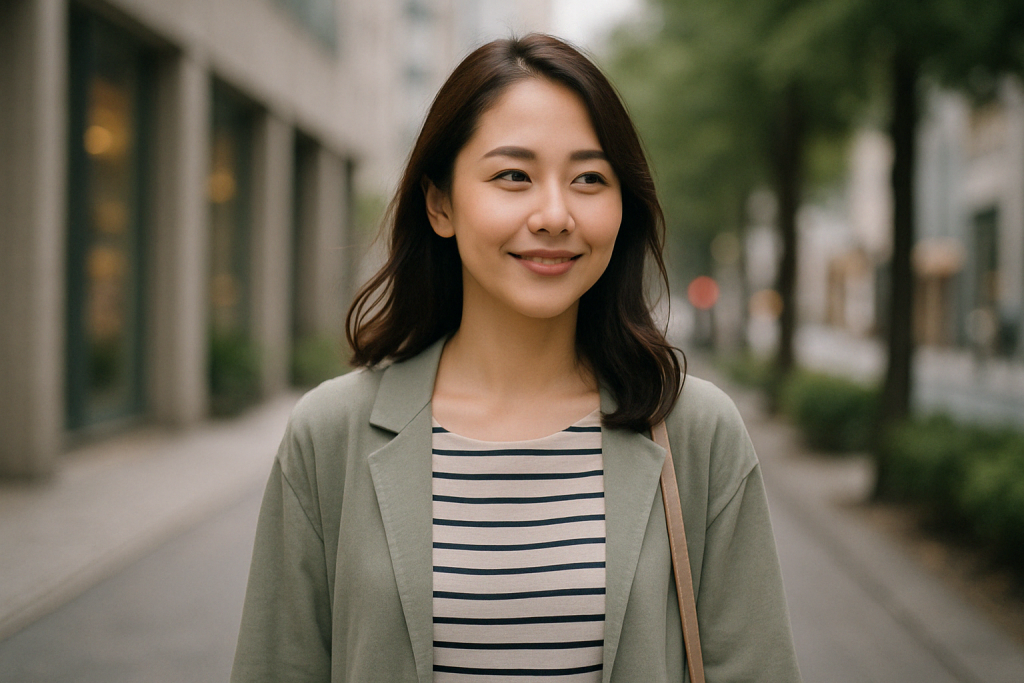 昼間の繁華街を歩きながら、グリーンのジャケットを着て笑顔を浮かべる女性。本当の気持ちに向き合いたいと思い、占いという選択肢に心を開き始めている