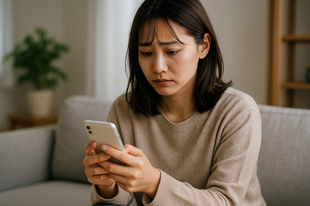 昼間の自宅でソファに座り、両手でスマホを持って困った表情を浮かべる女性。占いを通して彼の本音を知り、自分自身のほんとうの願いにも気づき始めている