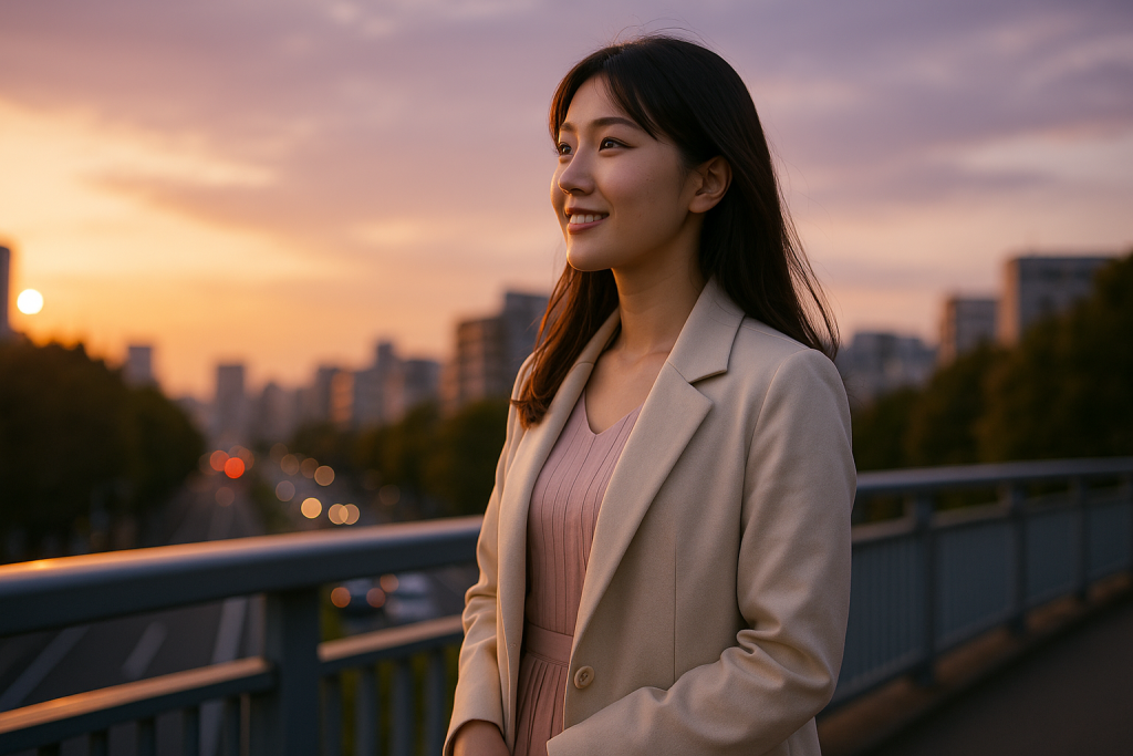 夕暮れの歩道橋で、明るい色の春コートを着た20代の美しい日本人女性が、未来を見つめるように静かに微笑んでいる様子。背景にはオレンジ色の空と街並みが広がり、神秘的な雰囲気を醸し出している