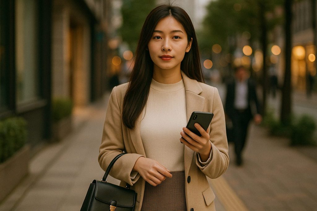 スマホを手に、落ち着いた表情で前を見つめる女性。都会の街並みに立ち、自信を持った大人の雰囲気が漂う