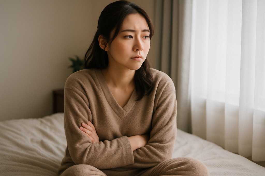 夜、自宅のベッドであぐらをかき、腕を組んで真剣な表情を浮かべる女性。誰にも見せられない不安をひとりで抱えながら、心の整理をしようとしている